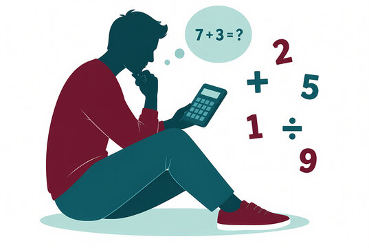 Flat vector illustration of a man silhouette sitting on the floor thinking and using a calculator to solve a math equation with numbers and symbols in a thought bubble, education concept