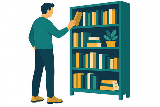 Flat vector illustration of a man standing and choosing a book from a large teal bookshelf, conceptual image for education, literature, library, bookstore, and personal hobby.