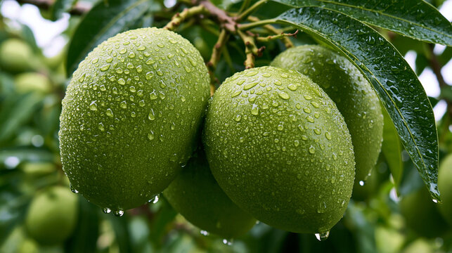Green mangoes hanging on a tree branch covered in fresh morning dew drops. Agriculture concept for organic farming and tropical fruit harvesting.