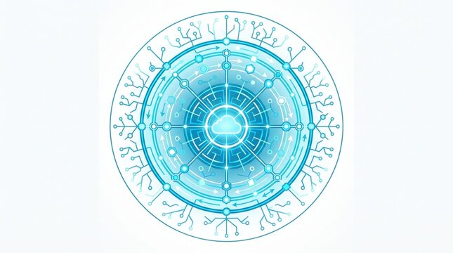 Blue digital circle icon with glowing circuit board lines and futuristic technology elements for web design