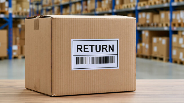 Cardboard return box with a barcode label sits on a warehouse table. Ideal for e-commerce returns and shipping logistics concepts.