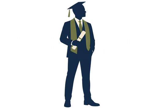 Flat Vector Illustration of a Successful Male Graduate Silhouette Wearing an Academic Cap and Sash Holding a Diploma Scroll, Representing Higher Education and University Achievement.