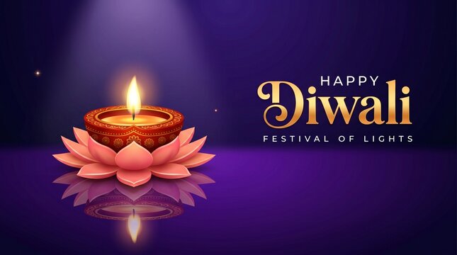Happy diwali festival of lights greeting card with a burning oil lamp diya on a purple dark background design
