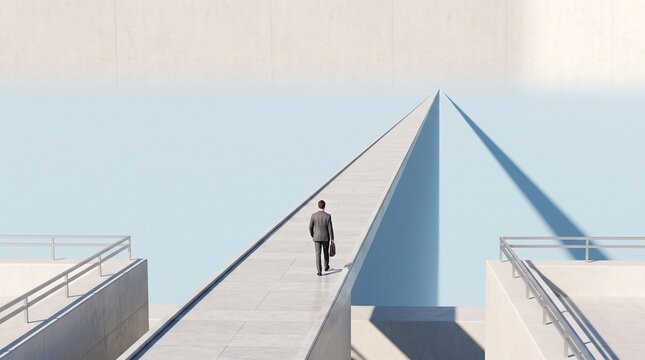 A lone businessman in a suit walking forward on a long narrow bridge towards the bright horizon in the distance