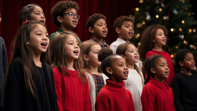 Diverse children singing together in festive winter clothing before a decorated Christmas tree