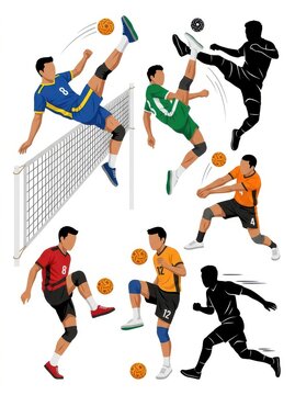 Sepak Takraw Players Vector Illustration Set with Dynamic Kicking and Spiking Poses for Sports Design