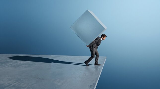 A businessman in a suit carrying a heavy large square cube on his back while walking on the edge of a platform