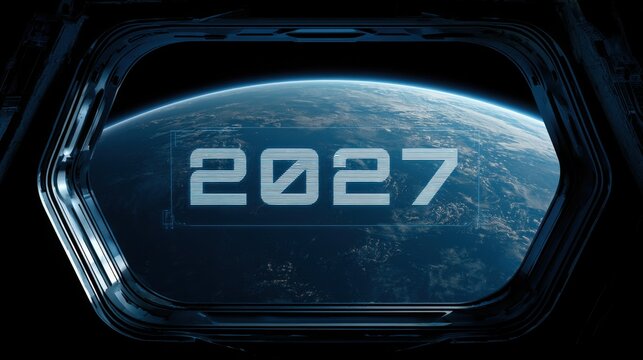 Year 2027 displayed on a digital holographic screen inside a spaceship cockpit window viewing earth with number 2027 appears glowing digital projection front window looking out planet Earth space