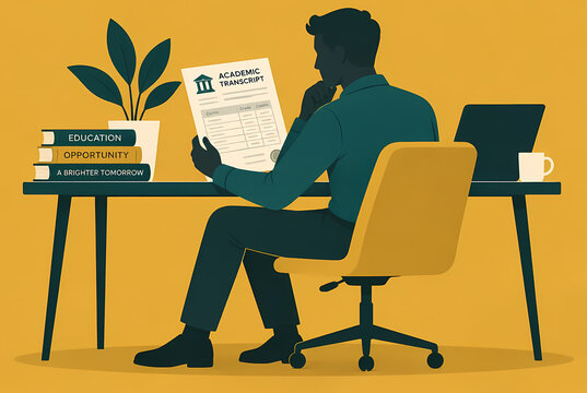 Professional Man Silhouette Sitting at a Desk Reviewing an Academic Transcript Paper with Books and Laptop, Concept for Education, Career Planning, and Future Opportunities