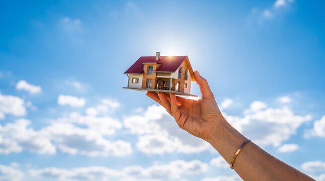 A hand holding a small model house with a red roof under a bright blue sky with a sun flare in the background