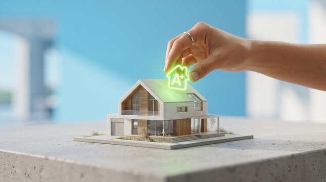A hand placing an a plus energy efficiency rating icon on top of a modern miniature house model for sustainability