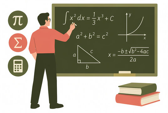 Professor or male teacher explaining complex mathematics and algebra formulas on a green chalkboard in a classroom, vector illustration of an educator solving scientific equations.