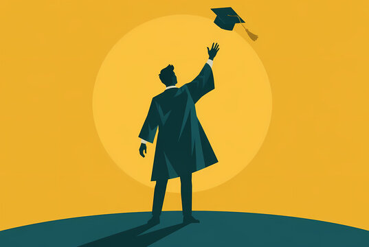 Silhouette of a male student graduate wearing a gown and tossing his academic cap into the air against a large glowing sun background, celebrating graduation and future success.