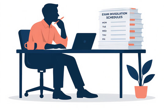Vector Illustration of a Male Educator Silhouette Sitting at an Office Desk Planning a Busy Exam Invigilation Schedule with a Large Stack of Academic Papers and Laptop on the Table