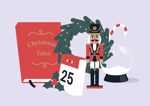A Christmas festive set, a nutcracker figurine, a fairy tales book, a magic ball and a tear-off calendar