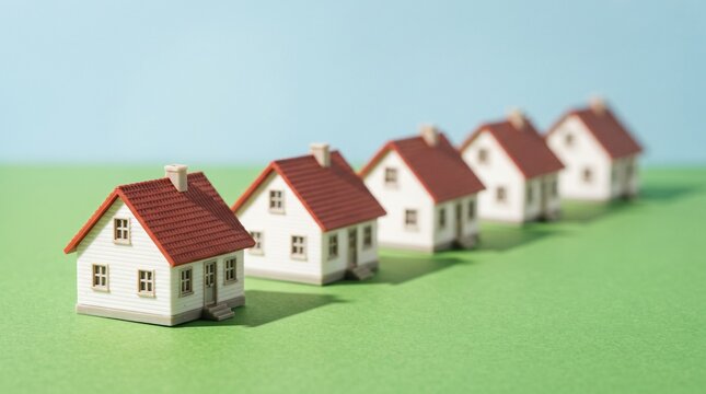 Five small toy houses standing in a row on a green surface representing new real estate property development