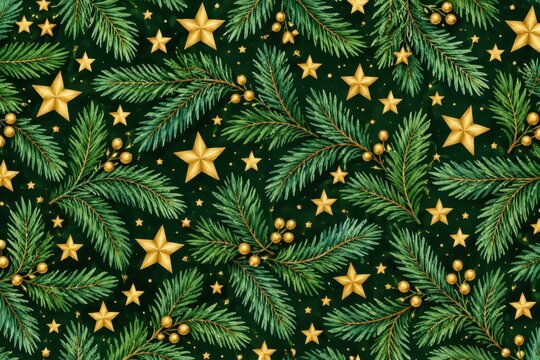 Christmas seamless pattern with evergreen fir branches and golden stars on dark background, festive handmade design for wrapping paper, fabric, gift packaging, stationery and greeting cards
