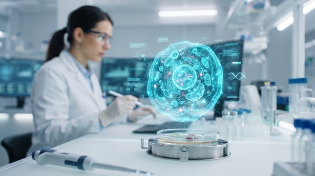 Female scientist looking at a blue glowing digital cell hologram in a modern laboratory for medical research