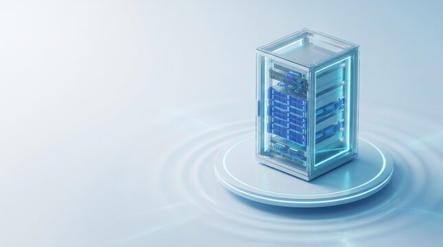 Modern server rack unit standing on a glowing circular platform representing cloud computing and data storage