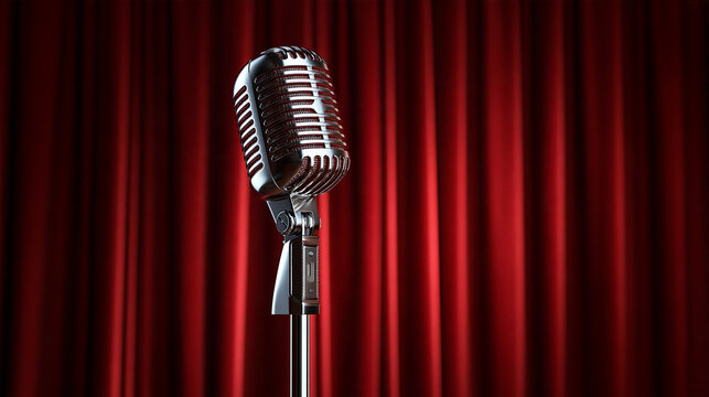 Vintage microphone stands on a stage in front of a red velvet curtain.