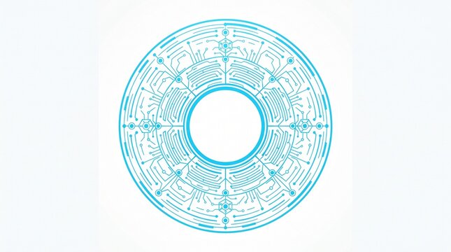 Circular blue and green electronic circuit board pattern with a hole in the center for technology background