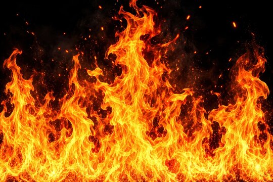 Intense bright orange yellow flames erupting upward against dark backdrop, isolated fire effect for cinematic posters, gaming interfaces, emergency concepts, and dramatic visual compositions