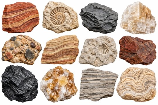 Natural sedimentary rocks mineral specimens isolated white background geology education collection