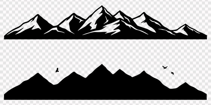 Hand drawn mountain ridge range vector illustration set with high peak sketch silhouettes isolated on white background, Mountains alpine skyline silhouette isolated on transparent background