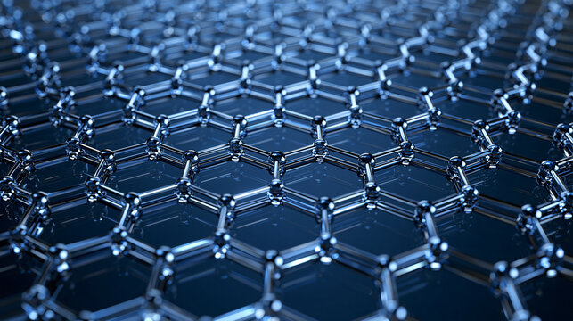 Atomic structure of graphene with hexagonal molecular bonds under dramatic blue lighting. Nanotechnology concept for advanced materials research.