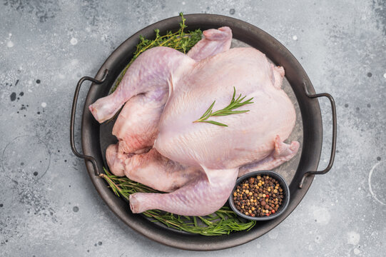 Raw whole chicken on a rustic metal tray with fresh rosemary, thyme, and peppercorns on a gray concrete background, ready for cooking.