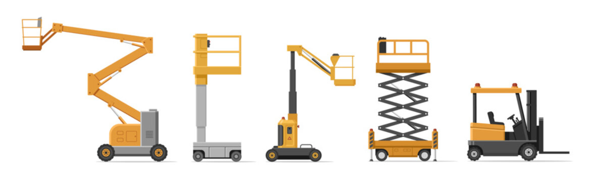 Collection of industrial lifting equipment: boom lifts, scissor lifts, forklift