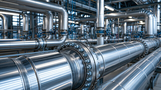 Intricate network of polished industrial steel pipes and bolted flanges inside a modern manufacturing plant. Ideal for chemical engineering and heavy industry concepts.