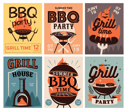 Summer bbq party posters featuring grills and fire pit designs