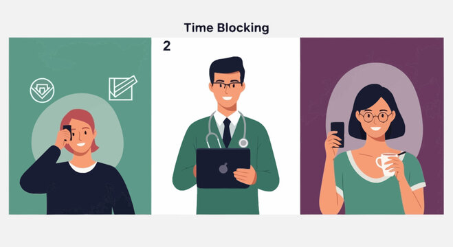 Three People Demonstrating Time Blocking Techniques.