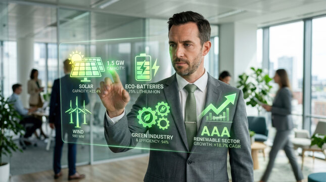 Businesswoman interacting with a holographic interface of renewable energy data in a modern office.