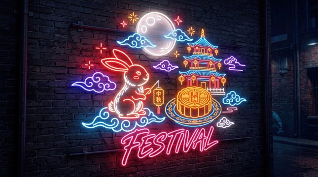 Asian family shares mooncakes and tea at a courtyard table. Lanterns hang over a traditional street beneath the full moon. Mid-Autumn Festival reunion and cultural celebration concept.