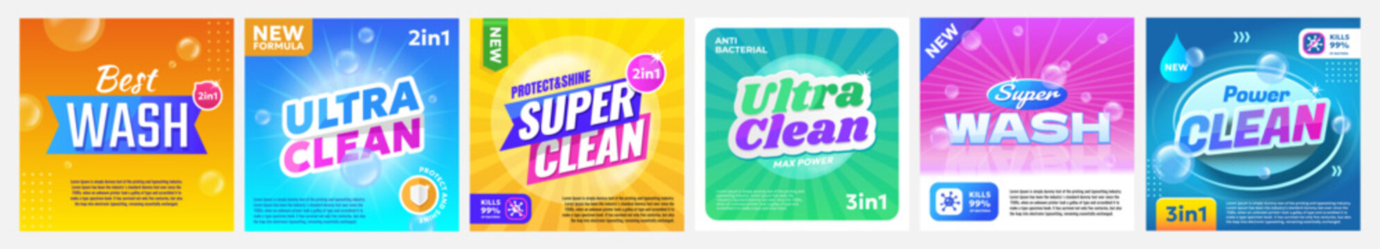 Colorful detergent packaging with bold branding and modern design elements