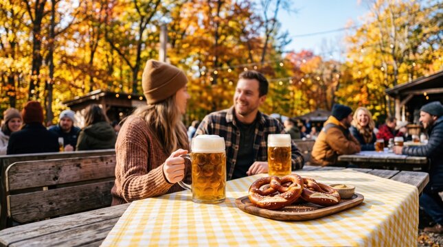Couple drinking beer with pretzels in outdoor beer garden during autumn festival. Oktoberfest celebration concept.