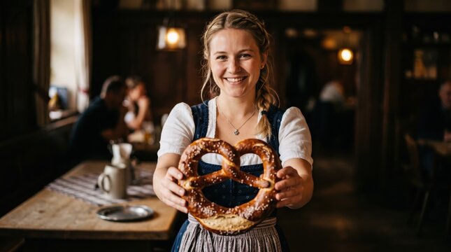 Smiling woman in traditional dirndl holding large pretzel in rustic bavarian pub. Oktoberfest celebration concept.
