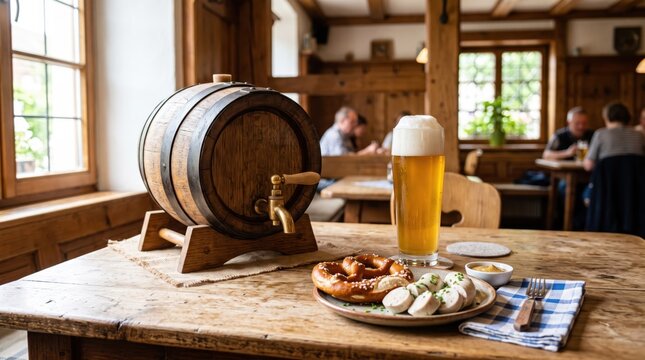 Traditional wooden beer keg with tap and glass of lager on wooden table in bavarian pub. Oktoberfest tavern concept.