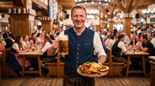 Happy waiter in traditional dirndl holding beer mug and roasted chicken platter in bavarian beer hall. Oktoberfest concept.