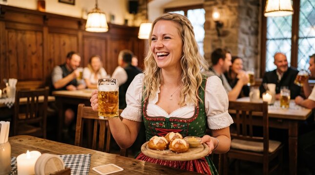 Smiling woman in dirndl holding beer glass and tray of pretzels in rustic tavern. Oktoberfest hospitality concept.