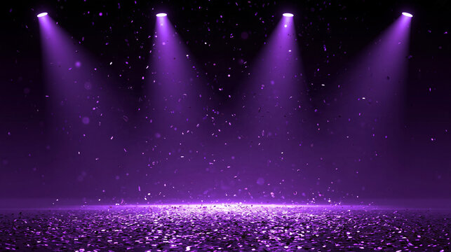 Bright purple stage illuminated by spotlights with falling confetti. Celebration background for festive events and awards.