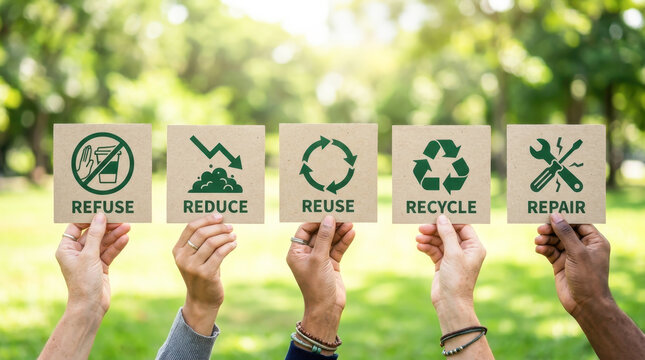 Paper Cut Hands Holding 5R Sustainability Signs