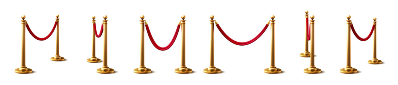 Golden stanchions with red velvet rope on white background