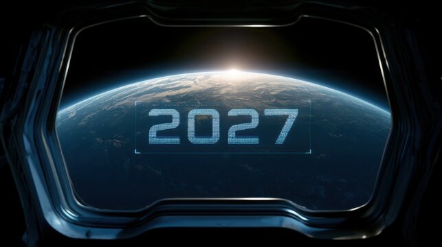 Year 2027 digital display floating in space viewed through a spaceship cockpit window at earth with digital 2027 date appears holographic frame against backdrop Earth seen spacecraft window interface