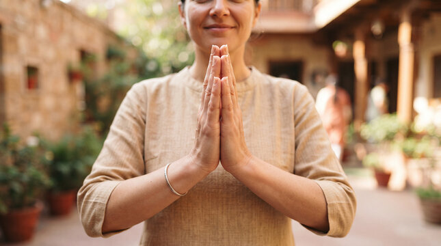 Namaste Peace: A serene woman with hands pressed together in the traditional Namaste gesture embodies tranquility and mindfulness, her eyes closed in a moment of peaceful contemplation within a warm.