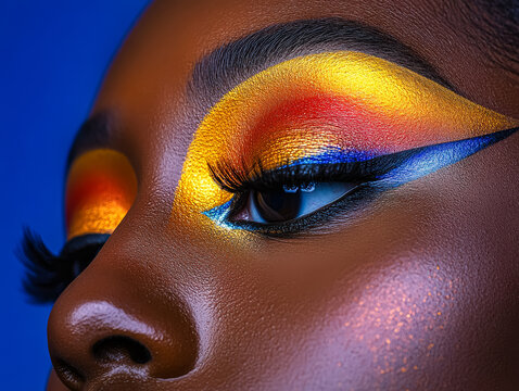 Close up of a model's eye showcasing vibrant high fashion makeup with a complementary color palette on dark skin, highlighted by beauty lighting.