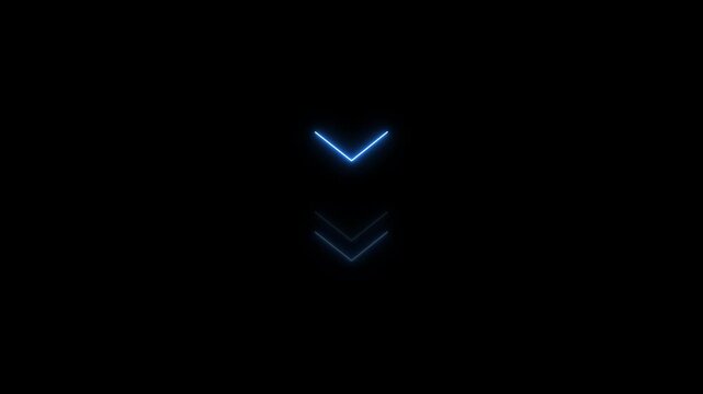 Neon down arrow icon animation. Retro signboard with download arrow. Glowing blue single-line downloading arrow icon on black background 4k video.
