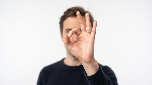 Perfect Gesture: A man with a focused expression gives an OK sign with his hand, symbolizing approval and satisfaction. The image captures a moment of confident affirmation.